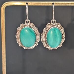 Vintage 925 Sterling Silver Green Malachite Stone Dangle Earrings